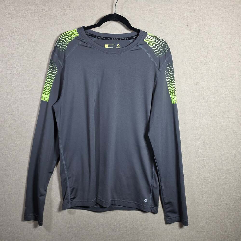 Xersion Mens Quick Dri Long Sleeve Gray And Neon Compression Athletic Top XL